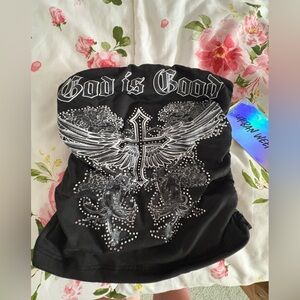Women's Black Graphic Strapless Crop Top with Rhinestone Cross